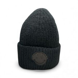 NWT PNYC Black Ribbed Knit Beanie • Glitter Smiley Face Patch